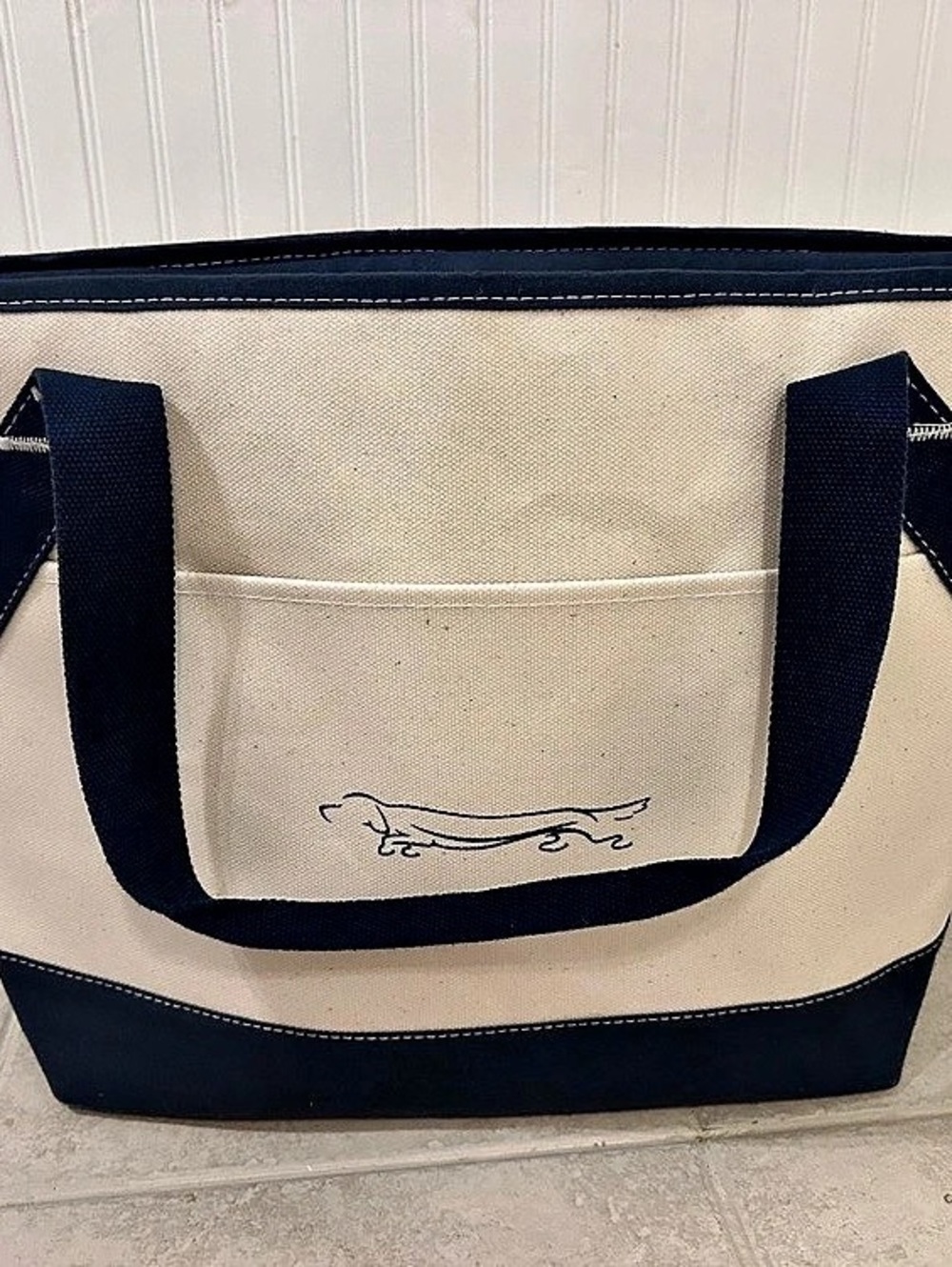 Longchamp Drink Cooler Canvas Tote in Cream & Blue Like New